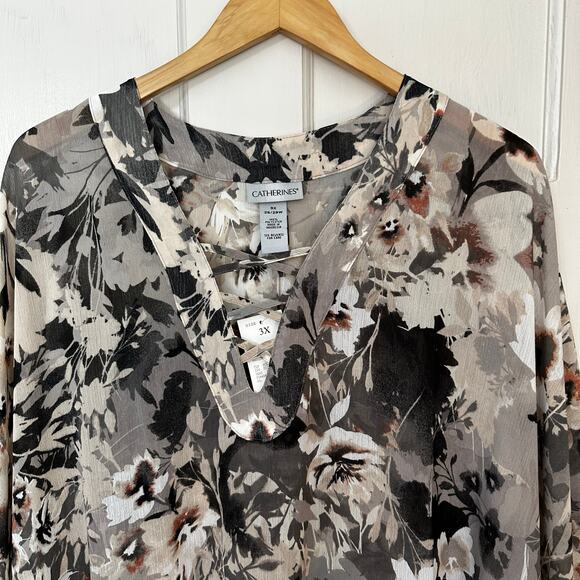 Catherines Blouse Womens 3X Beige Neutral Floral Sheer Boho Cape Sleeve Pullover - Picture 4 of 8